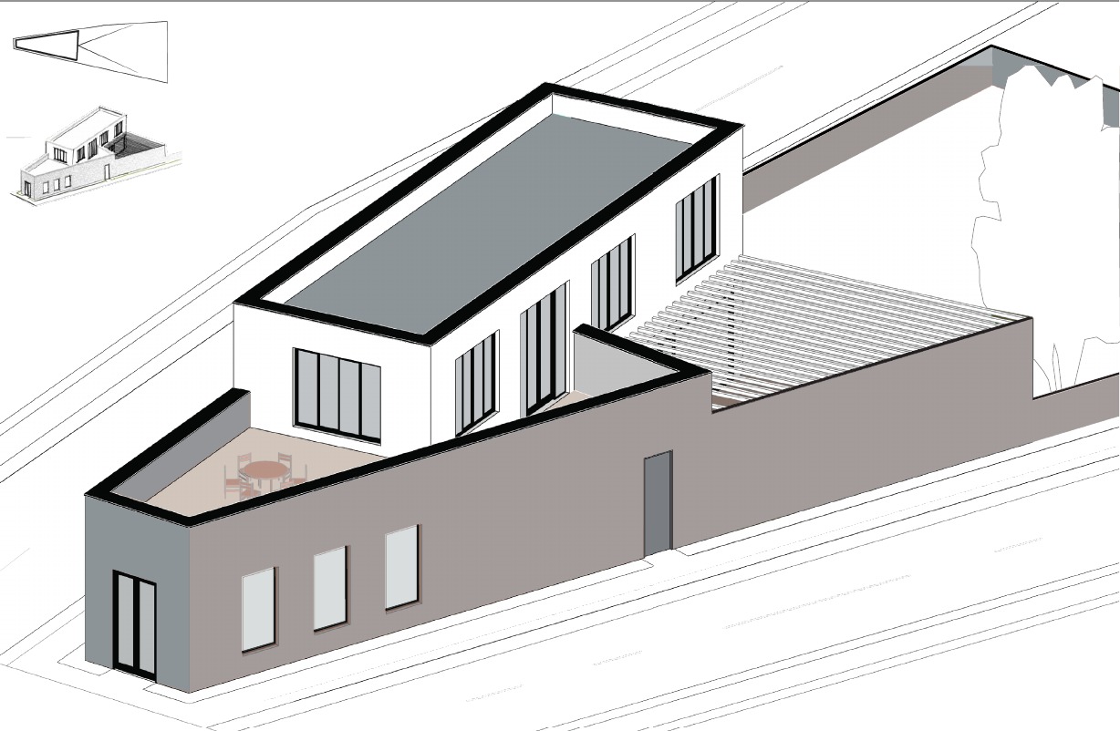 Aki’s Corner House proposal: an axonometric view of a residence with a ground-floor shop and roof terrace