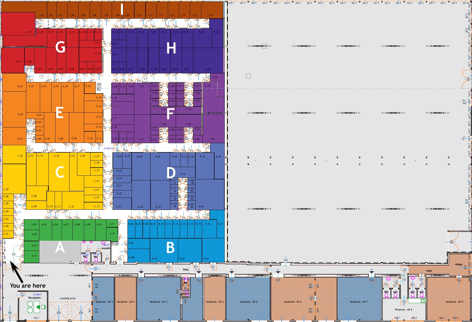 MiniRaktar Phase I layout designed by Aki, with colour-coded zones, numbered units and a you are here marker